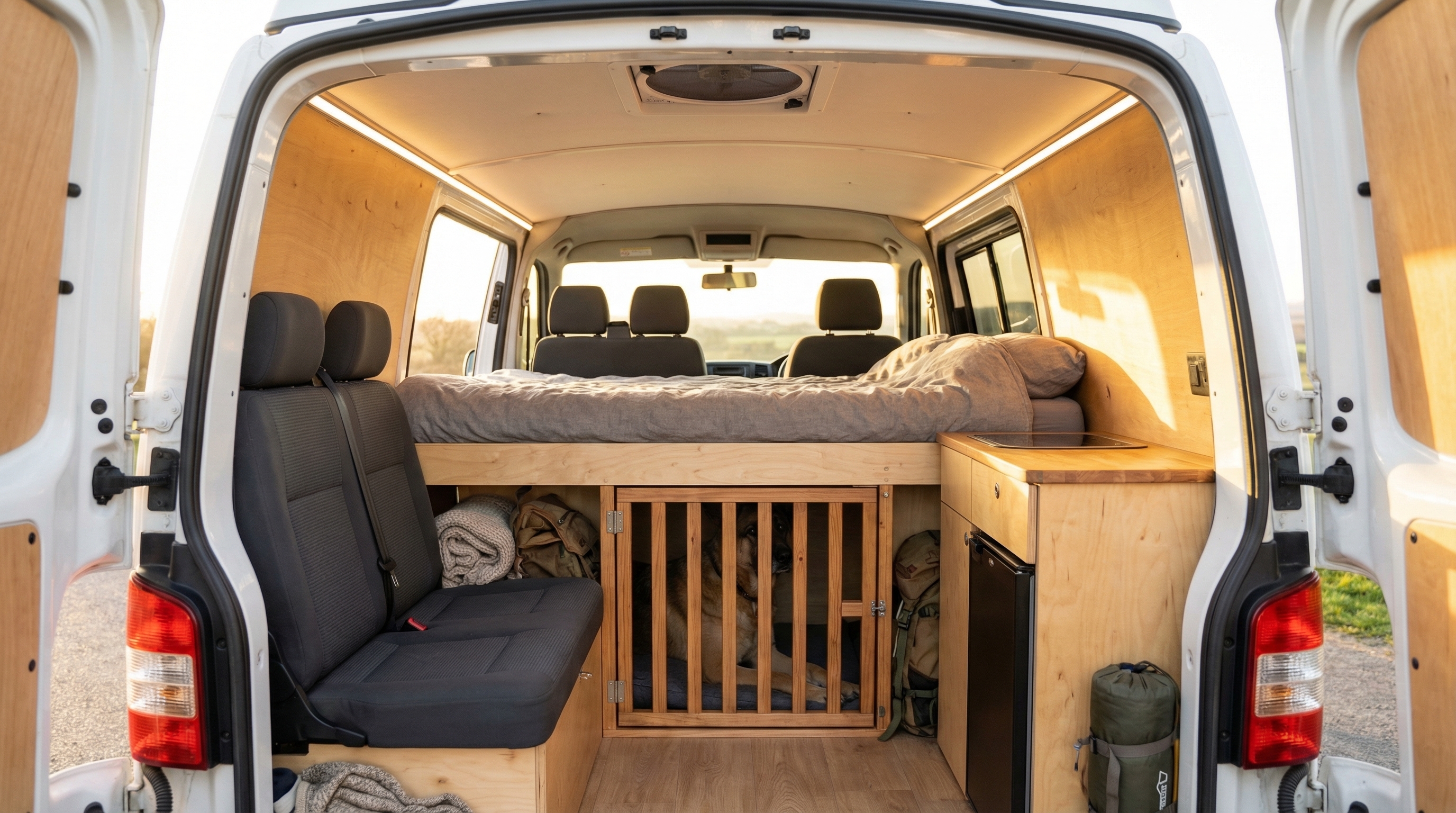 Vue générale intérieure du van T5 aménagé — Layout C