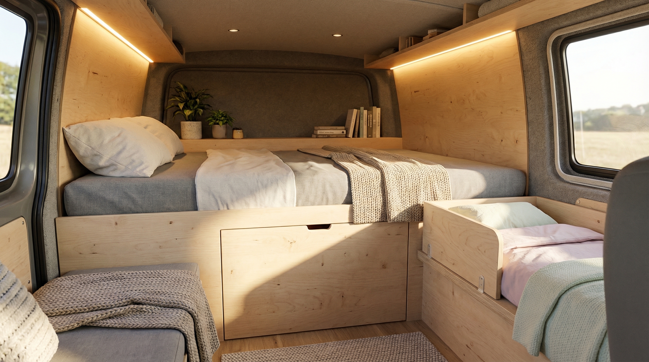 Zone lit adultes avec nid bébé intégré dans le coin