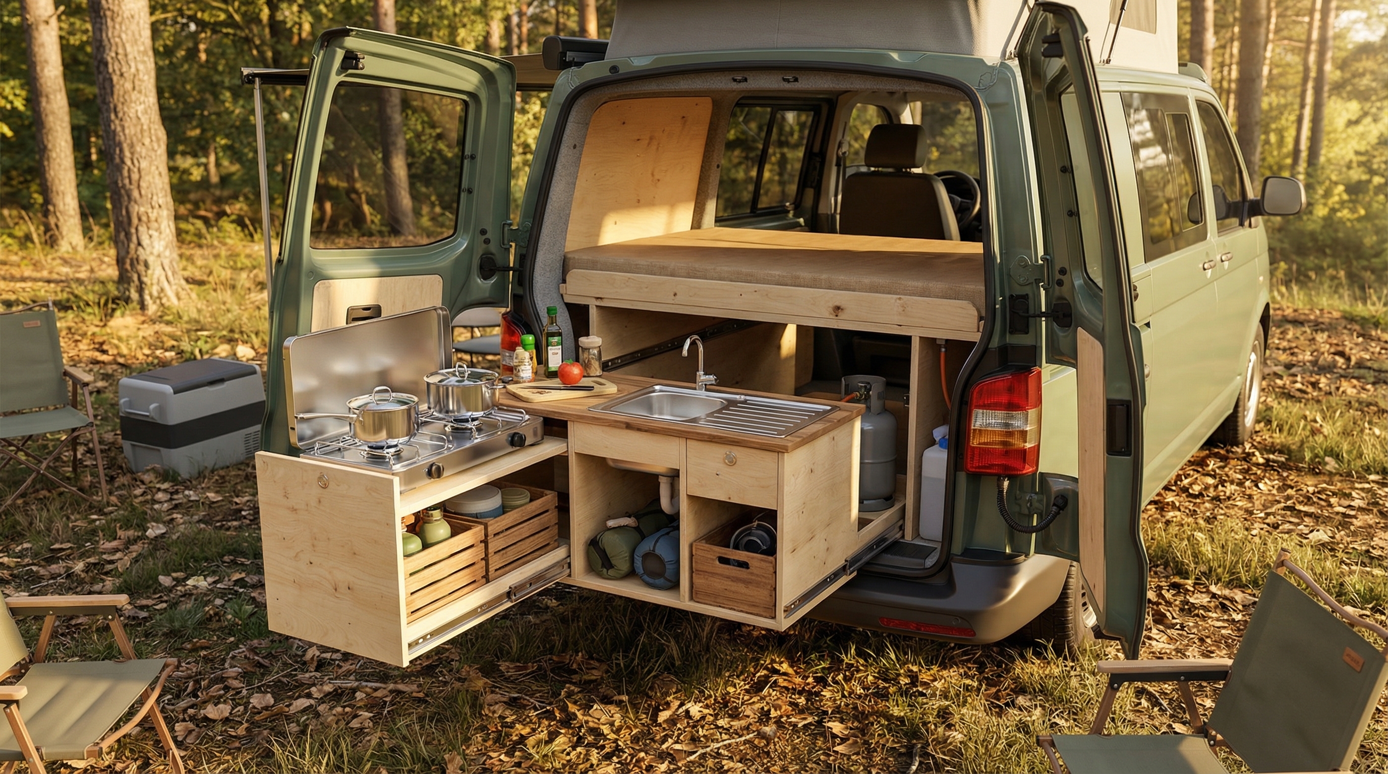 Cuisine coulissante déployée à l'extérieur du van