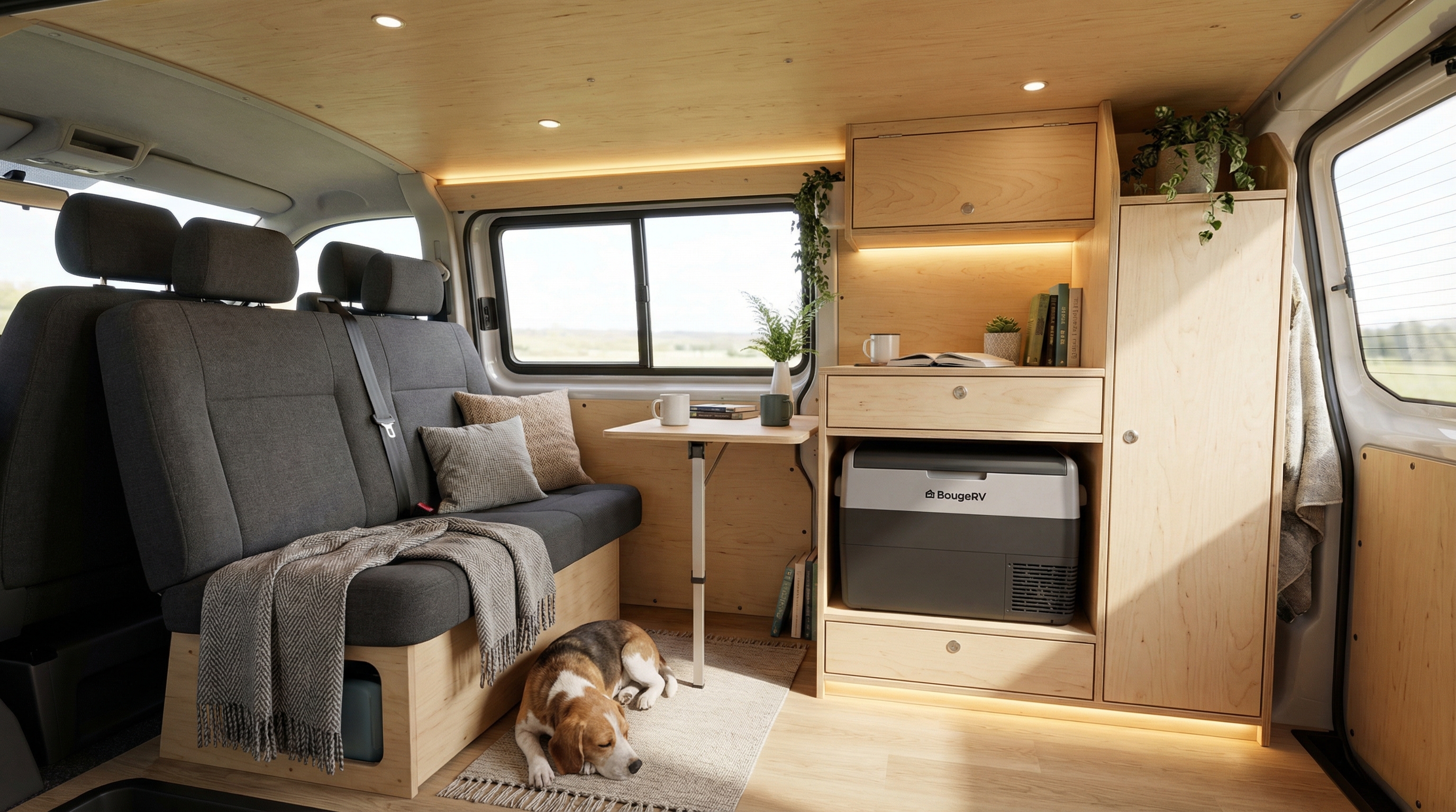 Espace de vie intérieur avec banquette et frigo BougeRV