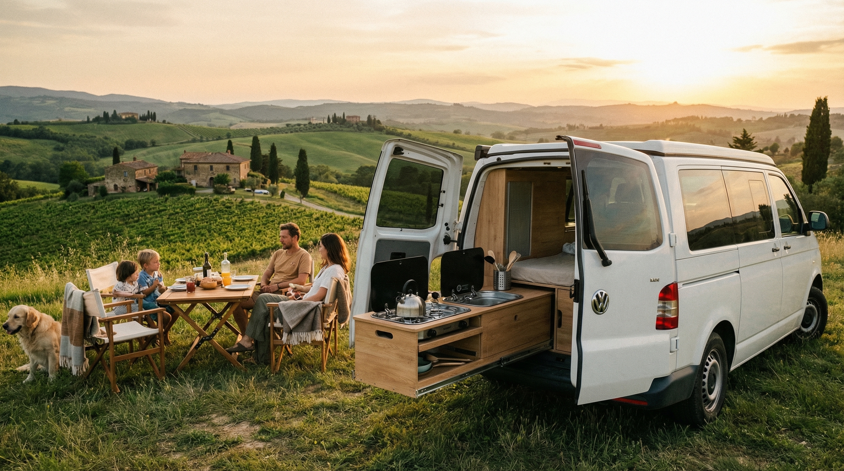 Van en camping avec cuisine coulissante déployée, famille autour